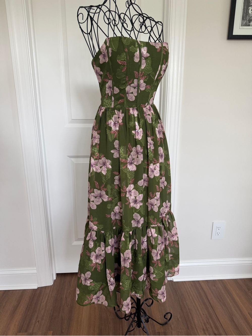 Azazie Olive Green Strapless Maxi Dress with Pink Floral Print - Picture 3 of 6